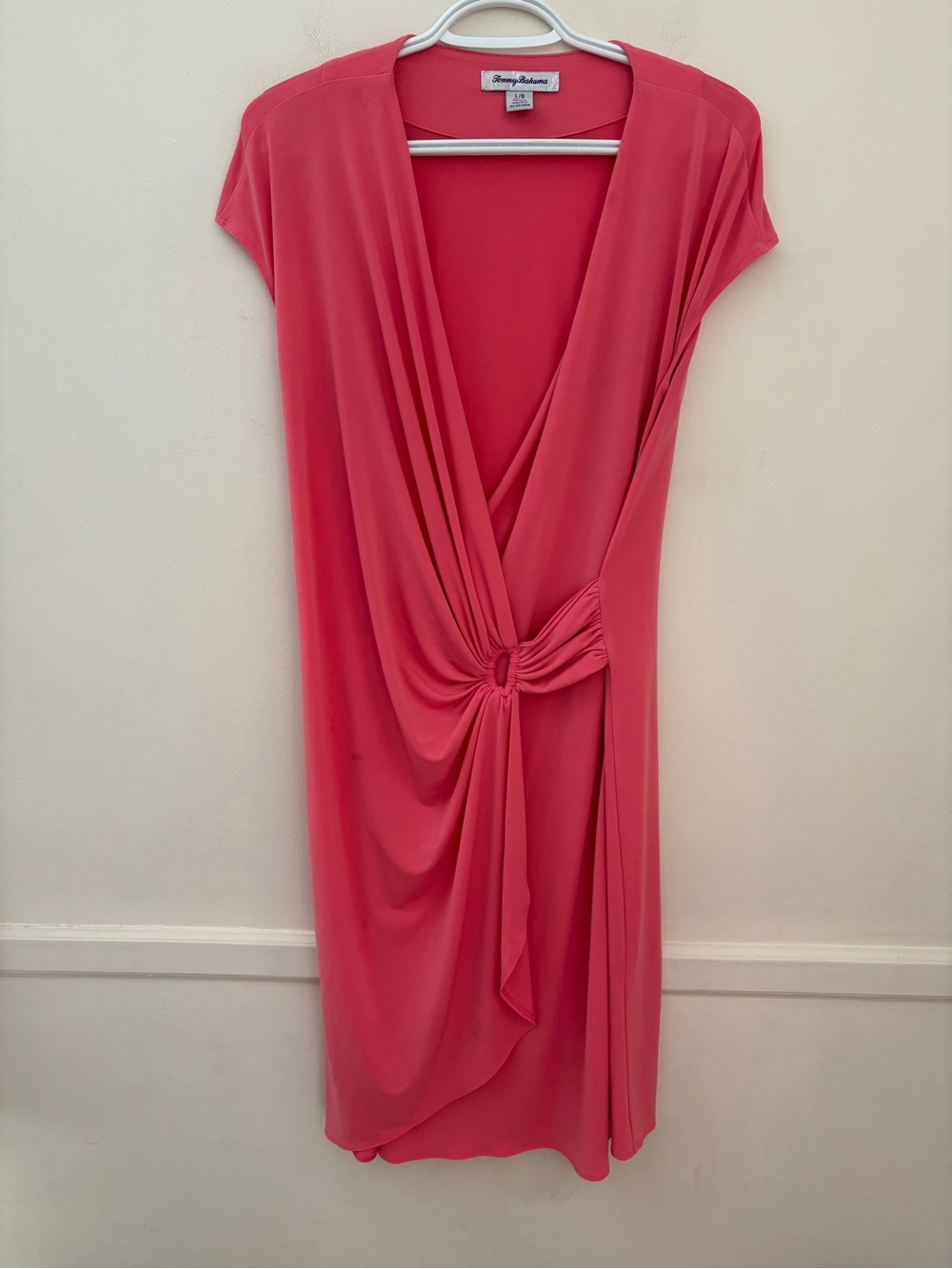 Tommy Bahama Clara Faux Wrap  Dress Coral, Cap Sleeve- Size Lg